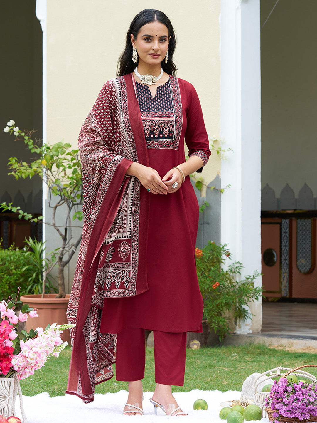Embroidered & Ethnic Printed Kurta With Pant & Printed Dupatta, Maroon - Hiral Fashion