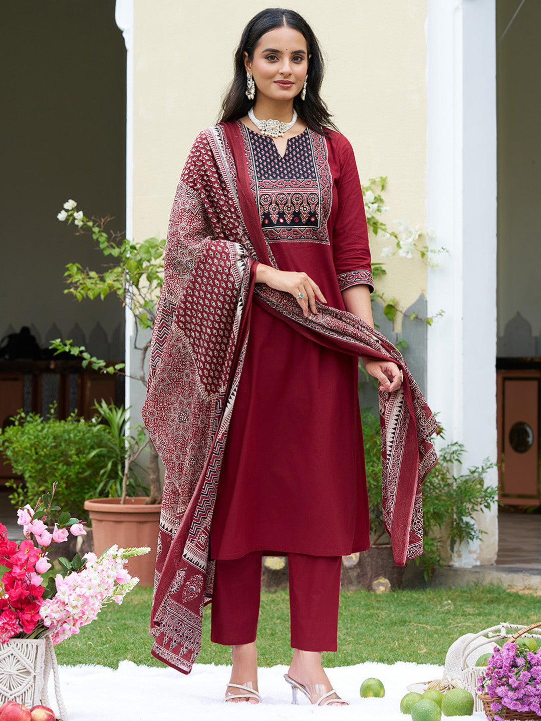 Embroidered & Ethnic Printed Kurta With Pant & Printed Dupatta, Maroon - Hiral Fashion