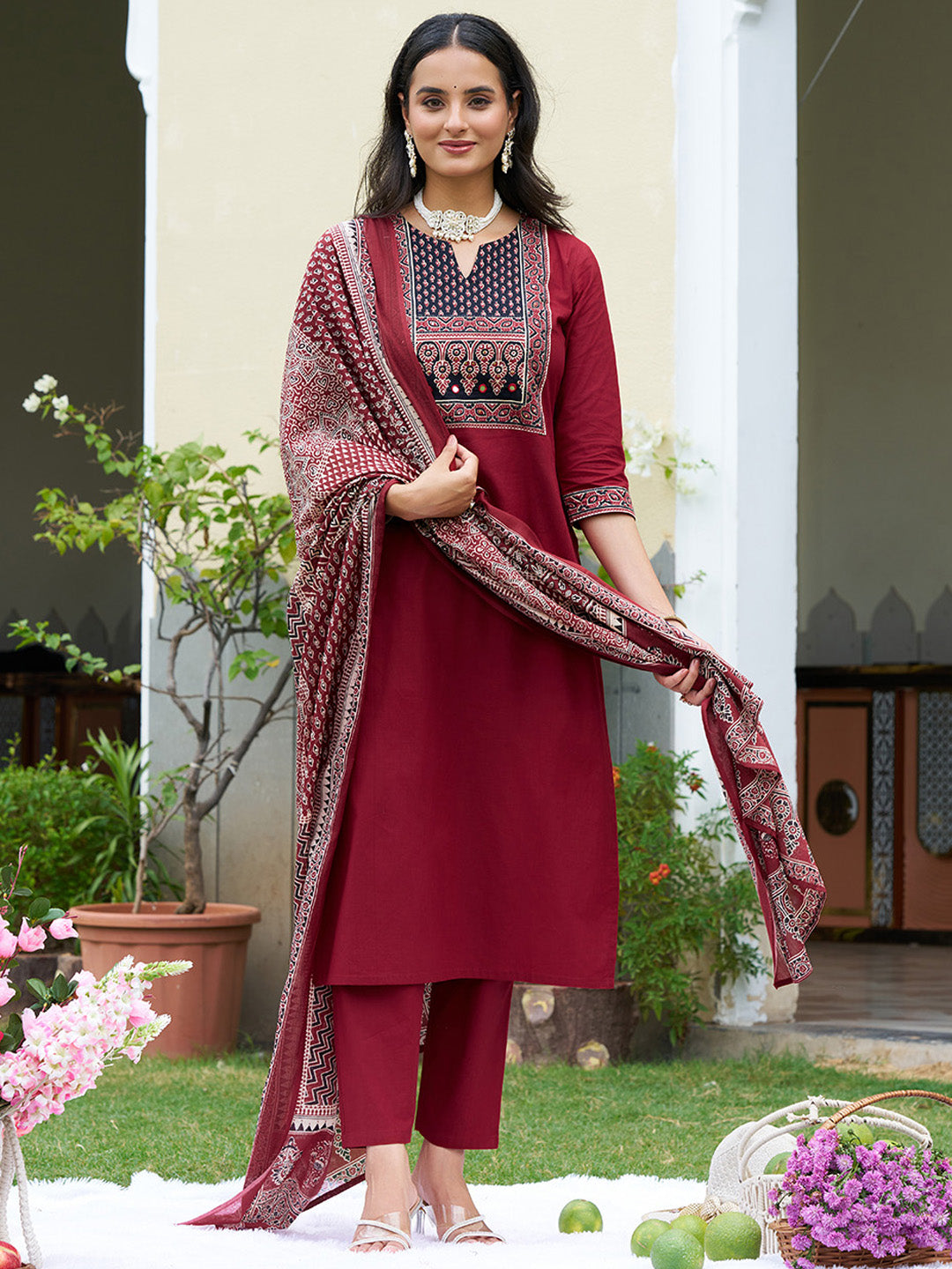 Embroidered & Ethnic Printed Kurta With Pant & Printed Dupatta, Maroon - Hiral Fashion