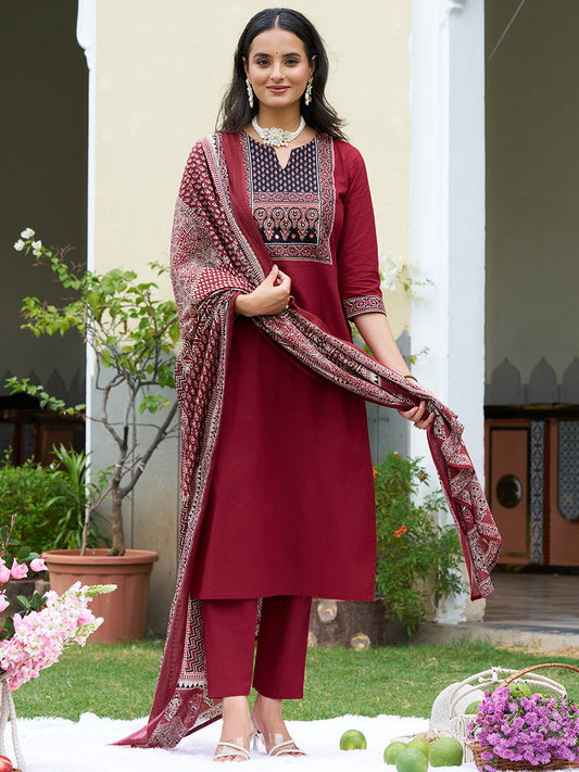 Embroidered & Ethnic Printed Kurta With Pant & Printed Dupatta, Maroon - Hiral Fashion