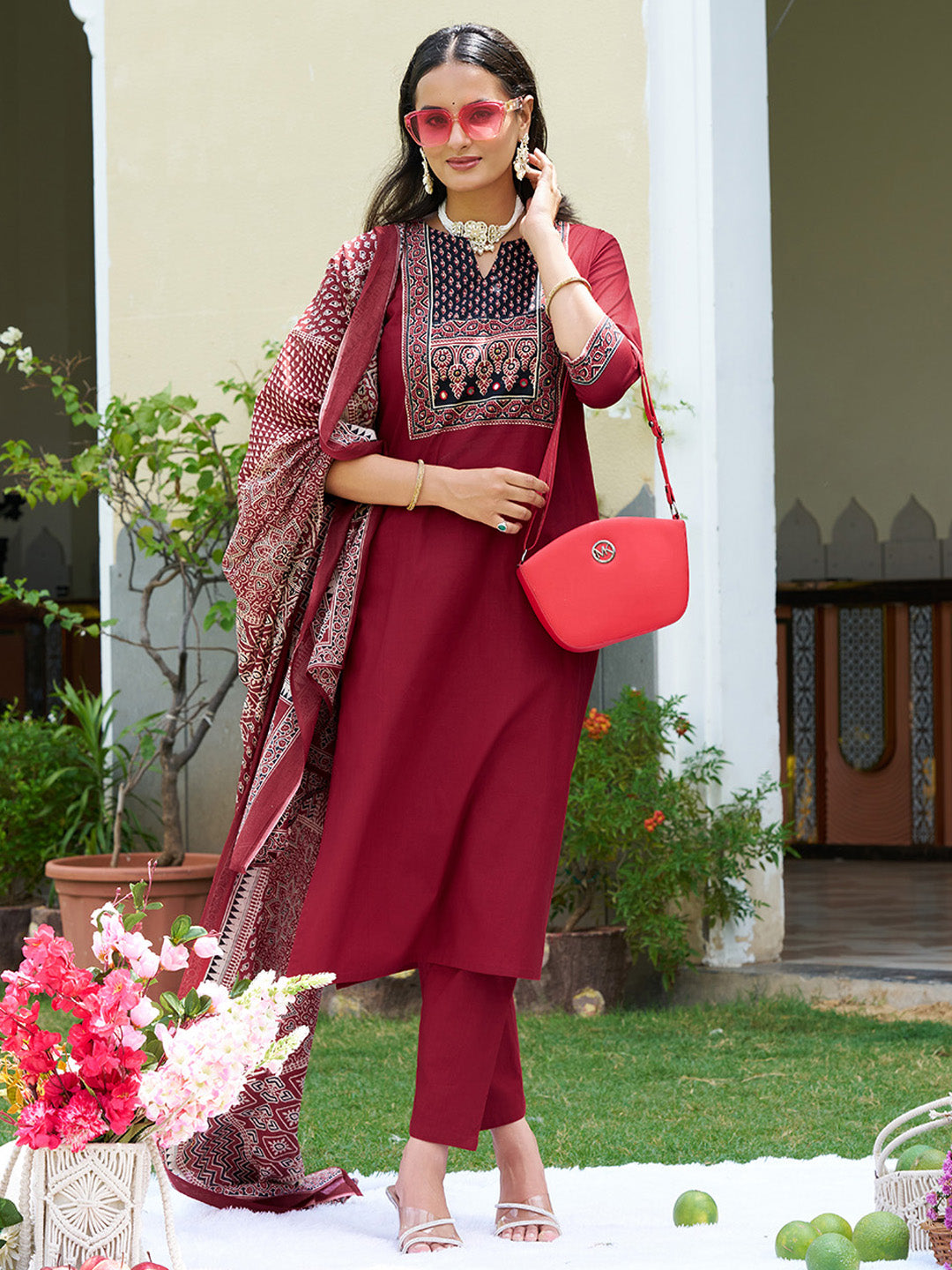 Embroidered & Ethnic Printed Kurta With Pant & Printed Dupatta, Maroon - Hiral Fashion