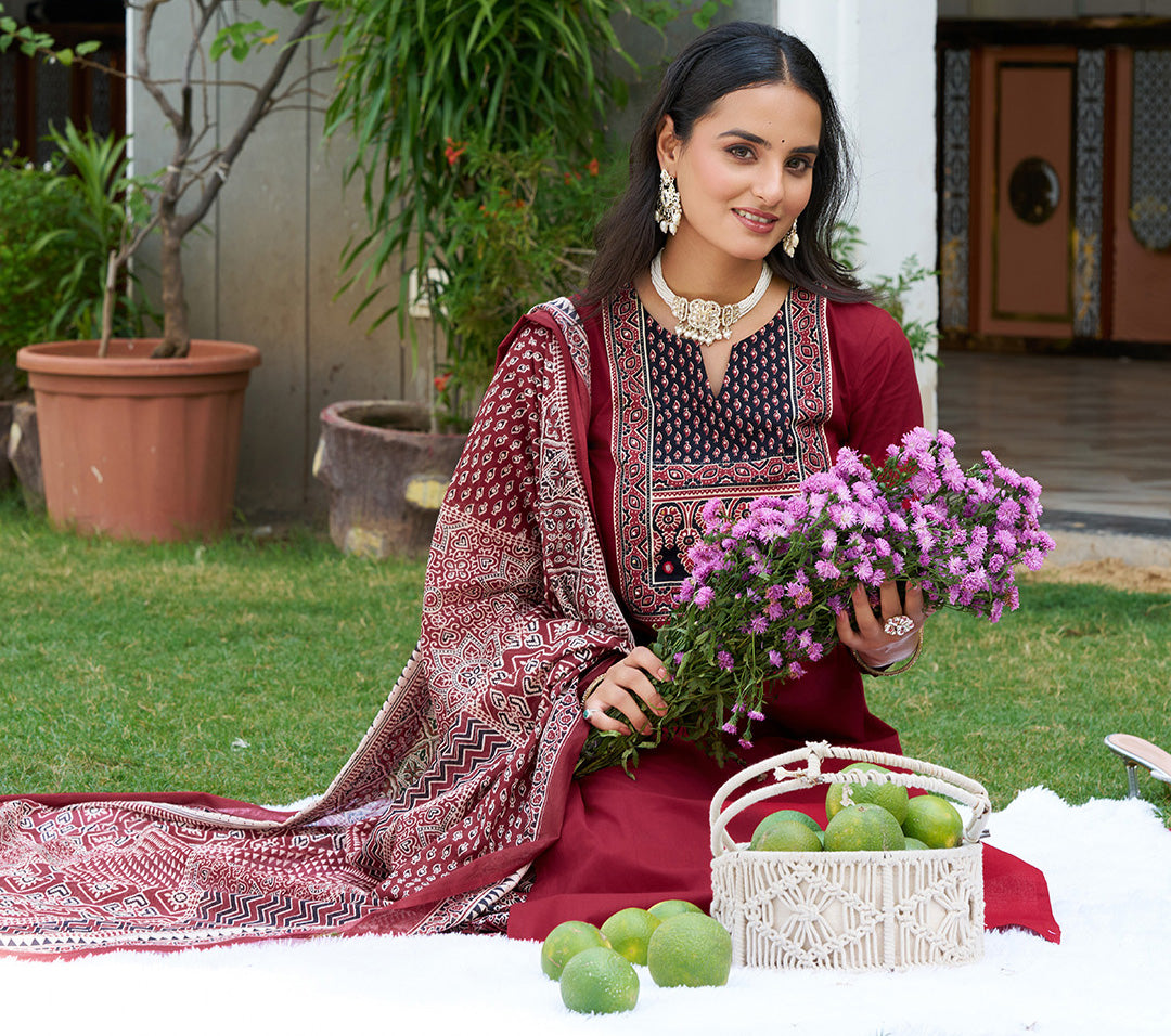 Embroidered & Ethnic Printed Kurta With Pant & Printed Dupatta, Maroon - Hiral Fashion