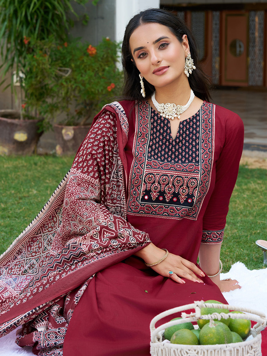 Embroidered & Ethnic Printed Kurta With Pant & Printed Dupatta, Maroon - Hiral Fashion