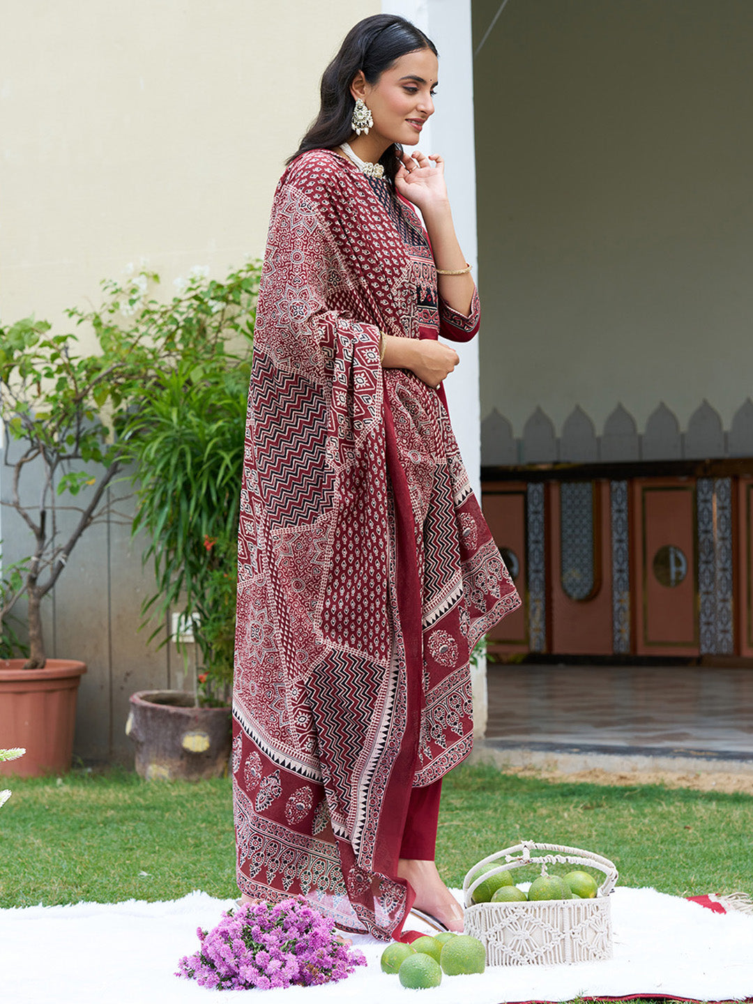 Embroidered & Ethnic Printed Kurta With Pant & Printed Dupatta, Maroon - Hiral Fashion