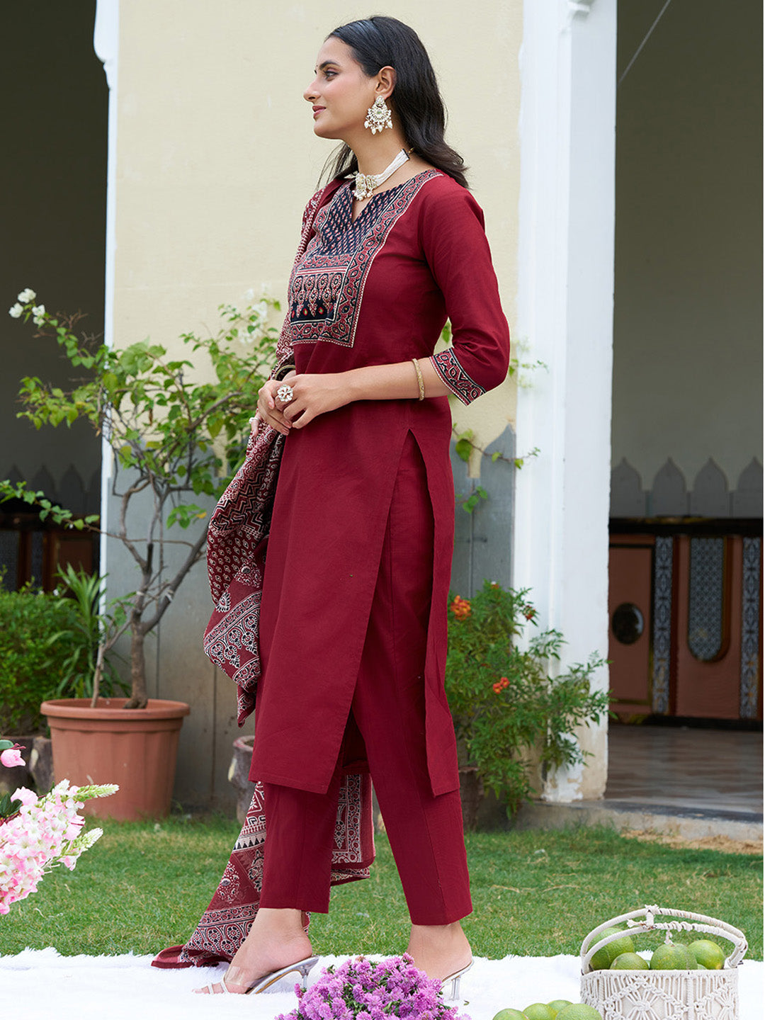 Embroidered & Ethnic Printed Kurta With Pant & Printed Dupatta, Maroon - Hiral Fashion