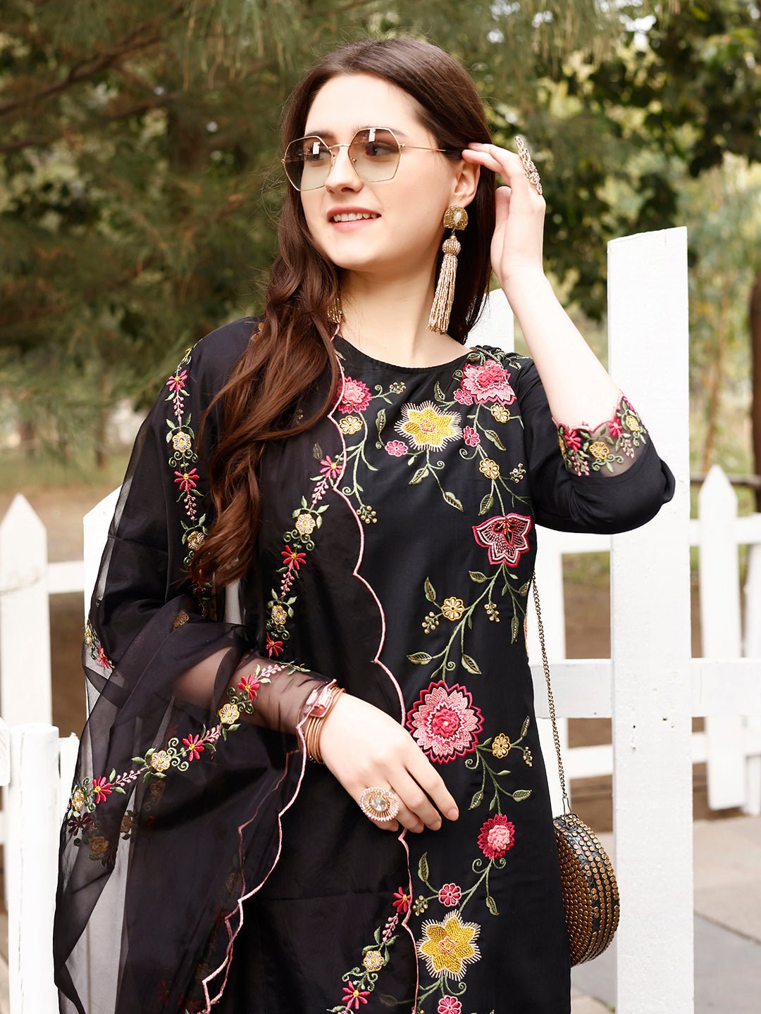 Floral Embroidered Kurta With Pant & Premium Organza Embroidered Dupatta Luxury, Multicolor - Hiral Fashion