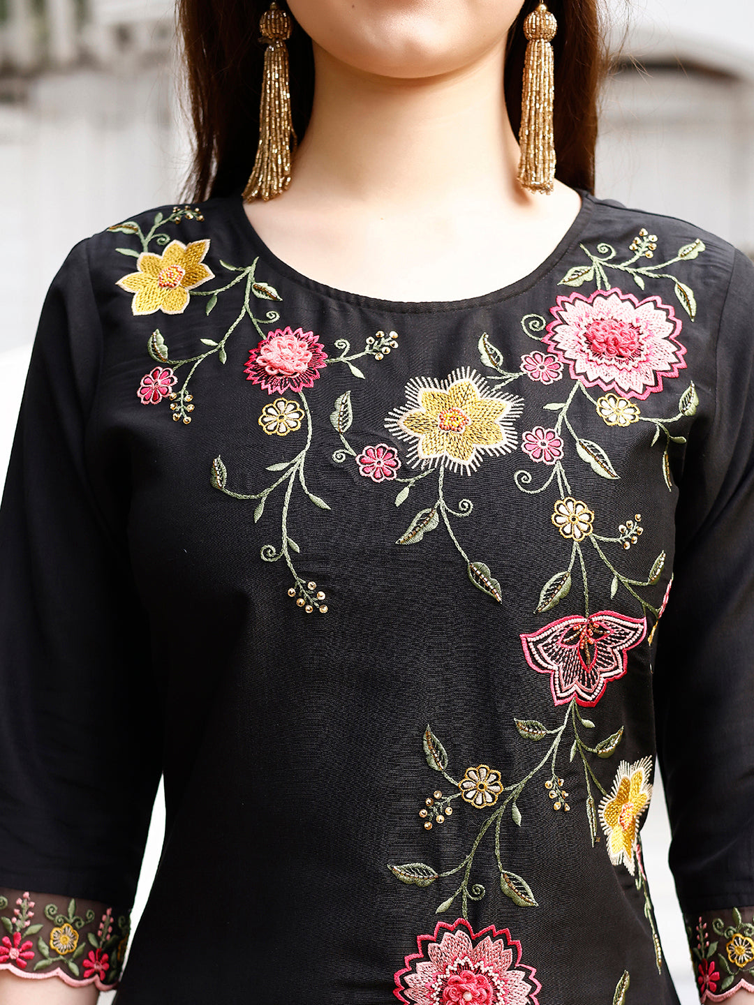 Floral Embroidered Kurta With Pant & Premium Organza Embroidered Dupatta Luxury, Multicolor - Hiral Fashion