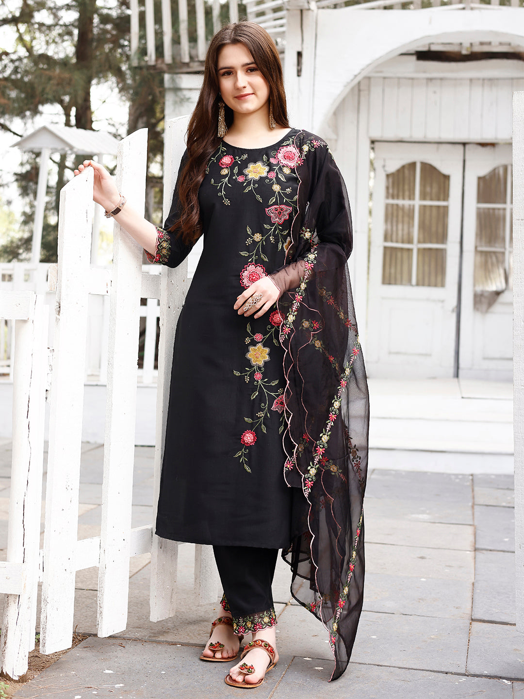 Floral Embroidered Kurta With Pant & Premium Organza Embroidered Dupatta Luxury, Multicolor - Hiral Fashion