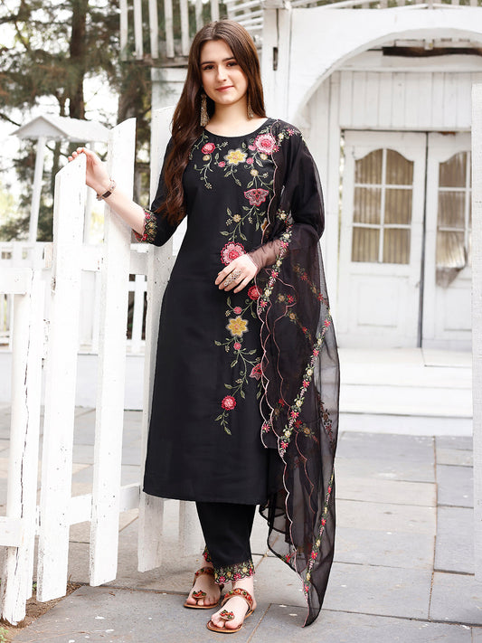 Floral Embroidered Kurta With Pant & Premium Organza Embroidered Dupatta Luxury, Multicolor - Hiral Fashion