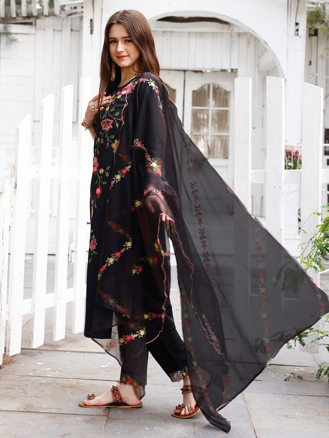 Floral Embroidered Kurta With Pant & Premium Organza Embroidered Dupatta Luxury, Multicolor - Hiral Fashion