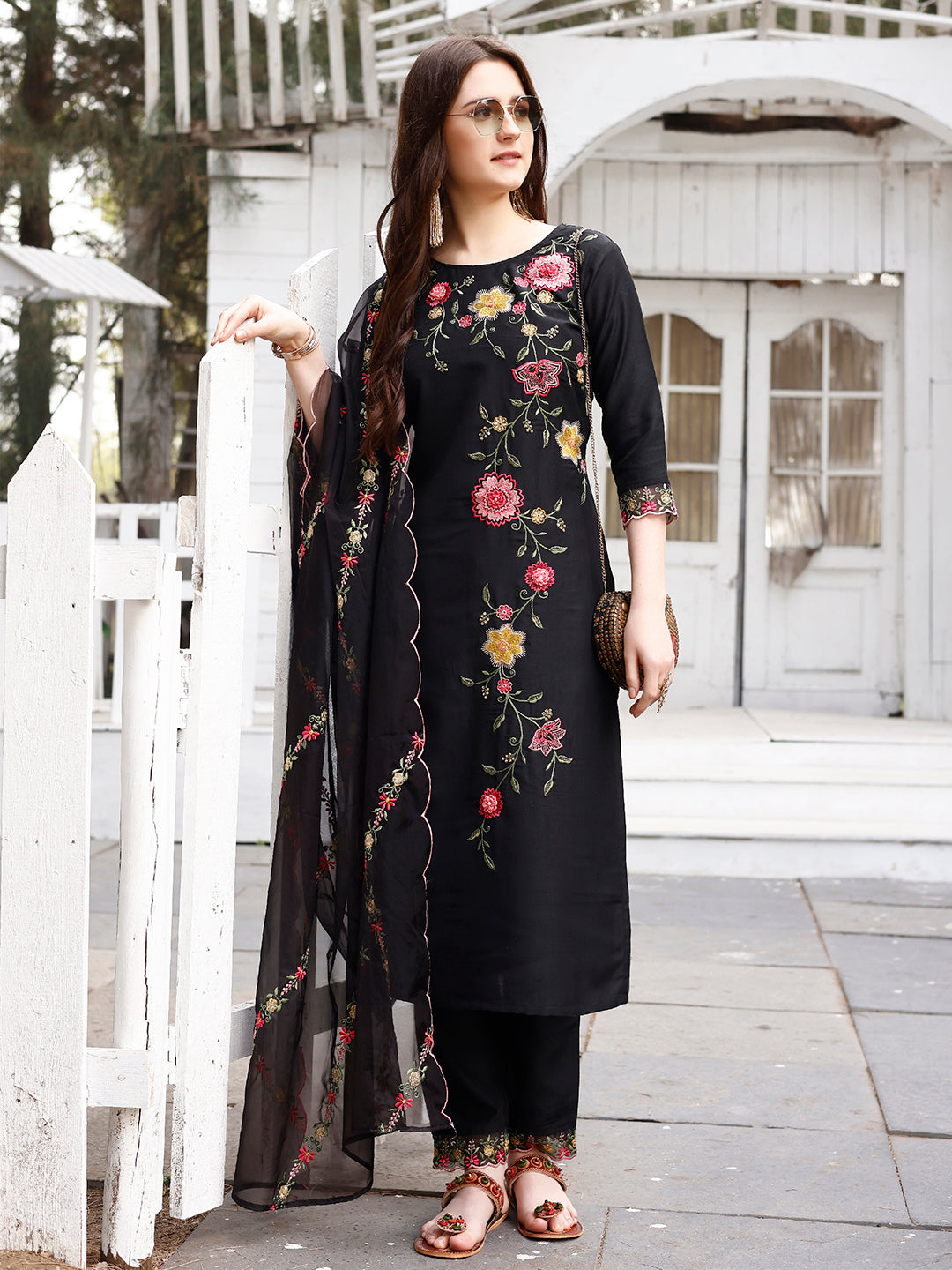 Floral Embroidered Kurta With Pant & Premium Organza Embroidered Dupatta Luxury, Multicolor - Hiral Fashion