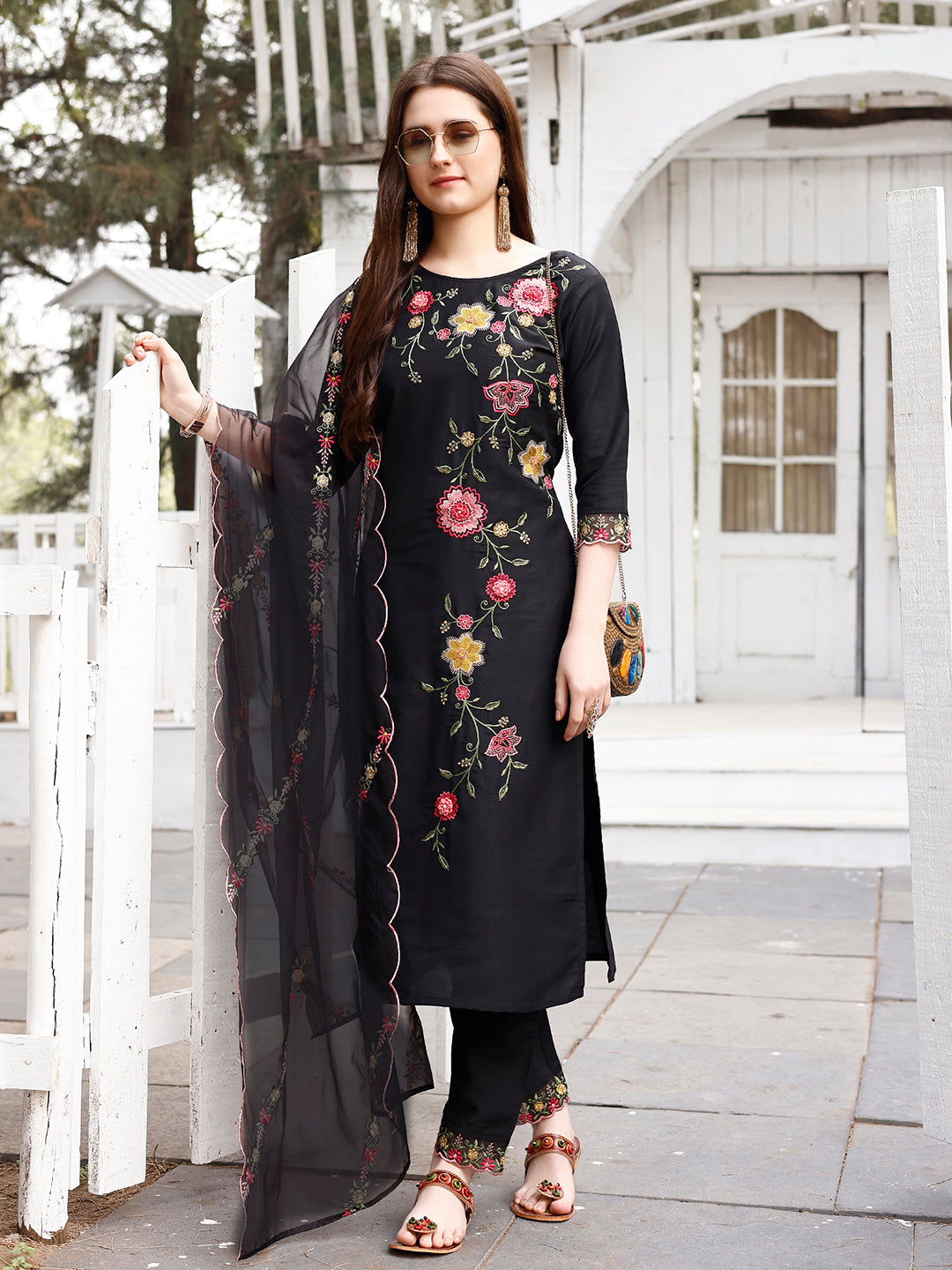 Floral Embroidered Kurta With Pant & Premium Organza Embroidered Dupatta Luxury, Multicolor - Hiral Fashion