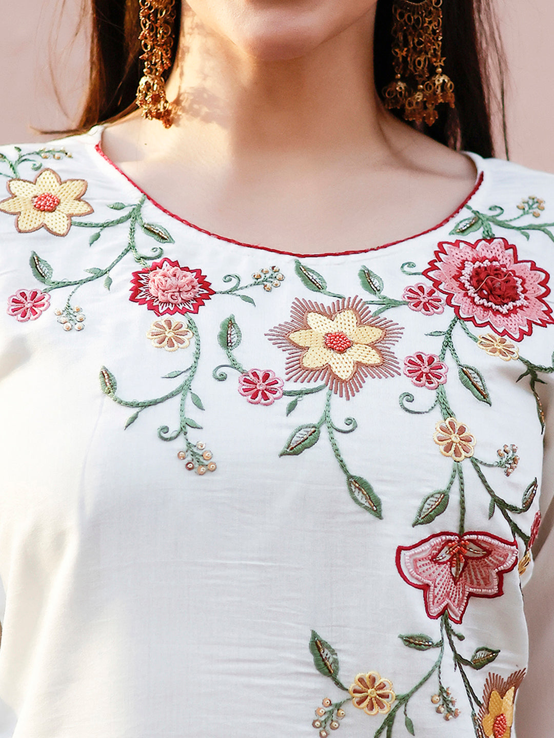 Floral Embroidered Kurta With Pant & Premium Organza Embroidered Dupatta, Multicolor - Hiral Fashion