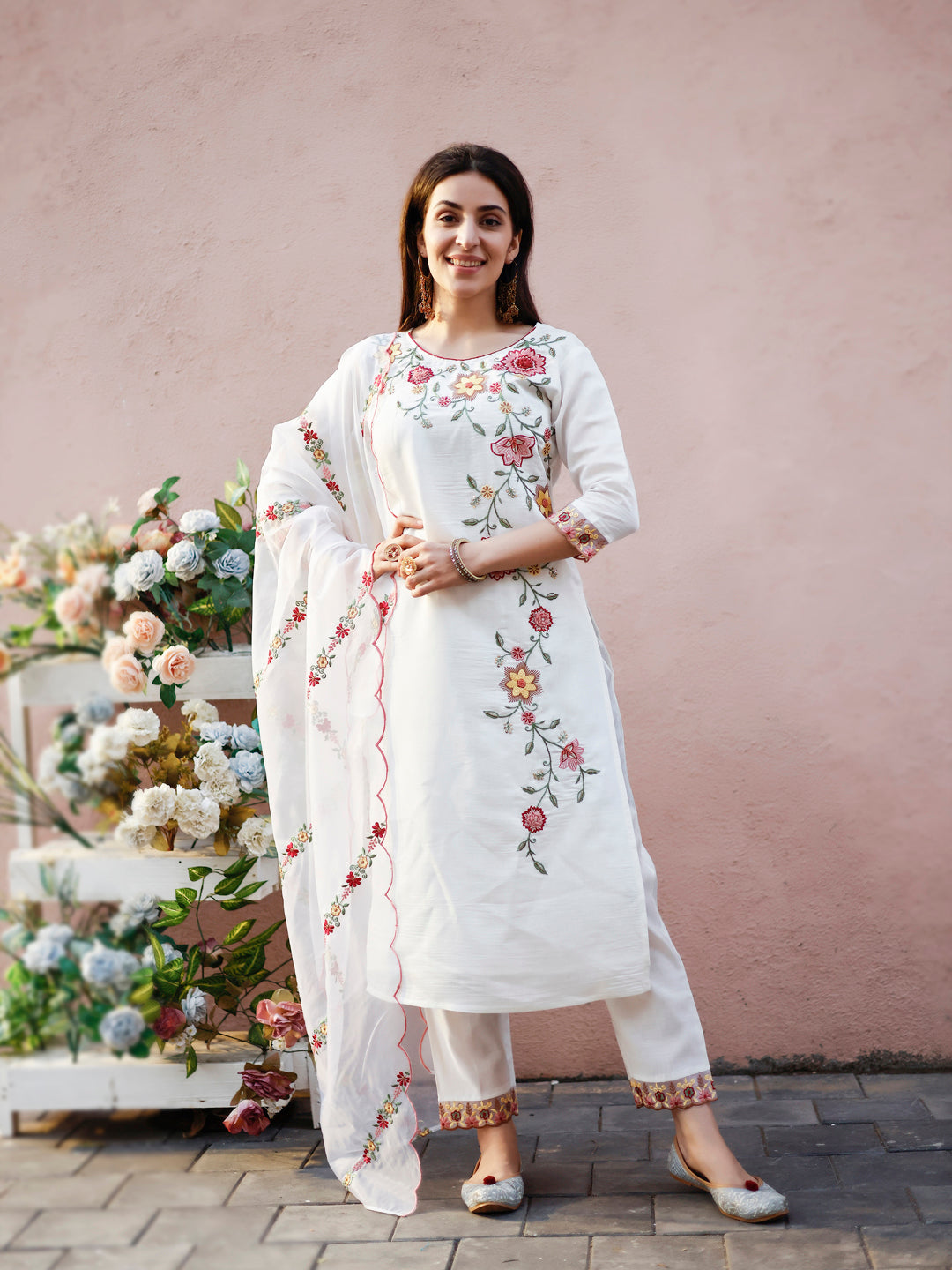 Floral Embroidered Kurta With Pant & Premium Organza Embroidered Dupatta, Multicolor - Hiral Fashion