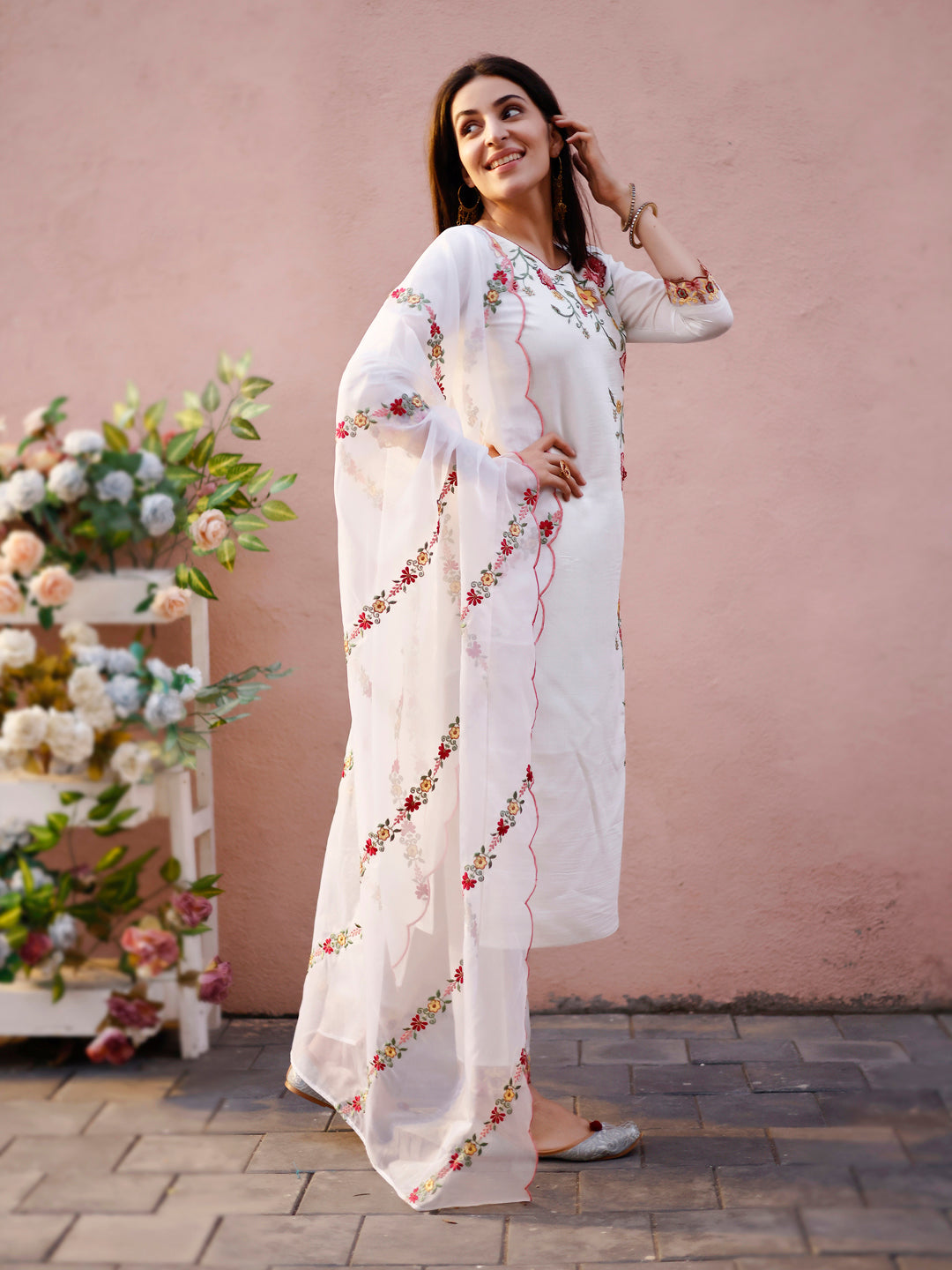Floral Embroidered Kurta With Pant & Premium Organza Embroidered Dupatta, Multicolor - Hiral Fashion