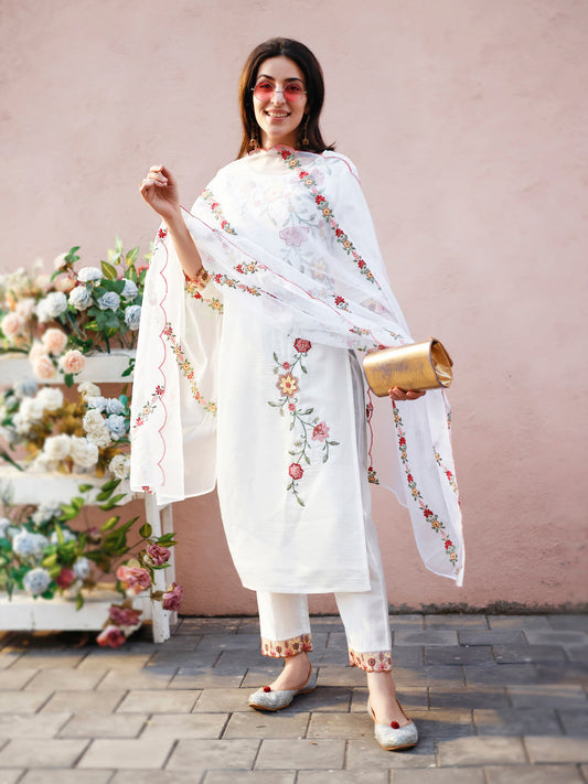Floral Embroidered Kurta With Pant & Premium Organza Embroidered Dupatta, Multicolor - Hiral Fashion