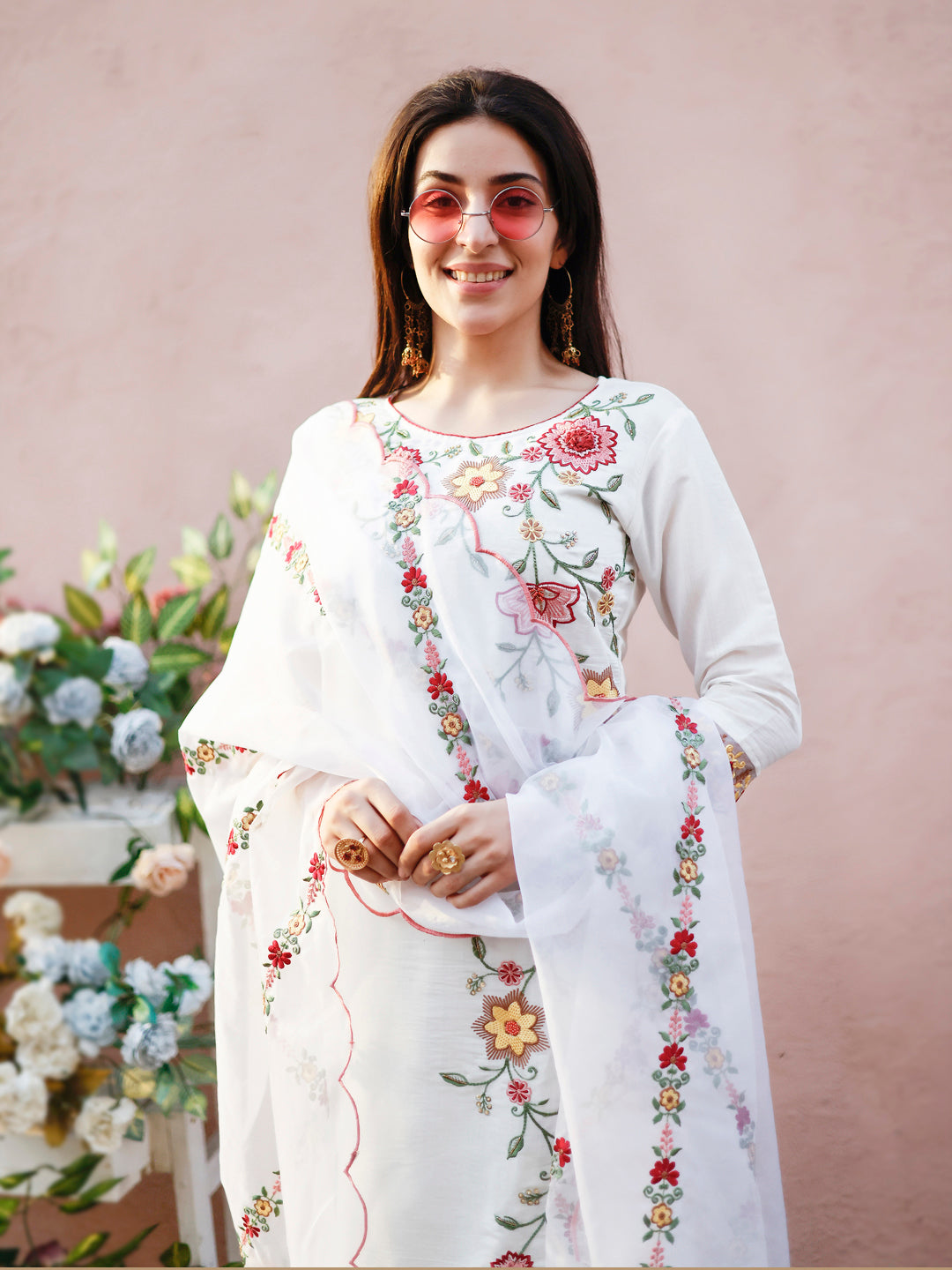 Floral Embroidered Kurta With Pant & Premium Organza Embroidered Dupatta, Multicolor - Hiral Fashion