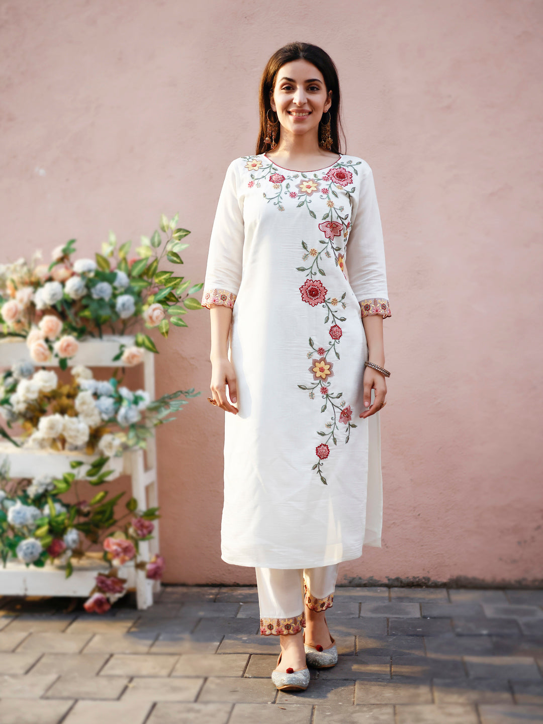 Floral Embroidered Kurta With Pant & Premium Organza Embroidered Dupatta, Multicolor - Hiral Fashion