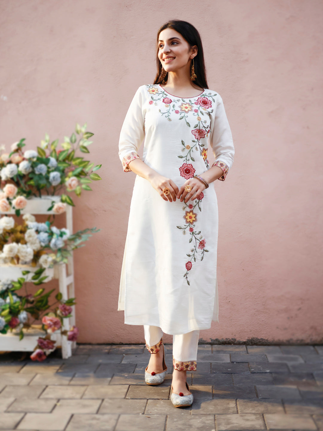 Floral Embroidered Kurta With Pant & Premium Organza Embroidered Dupatta, Multicolor - Hiral Fashion