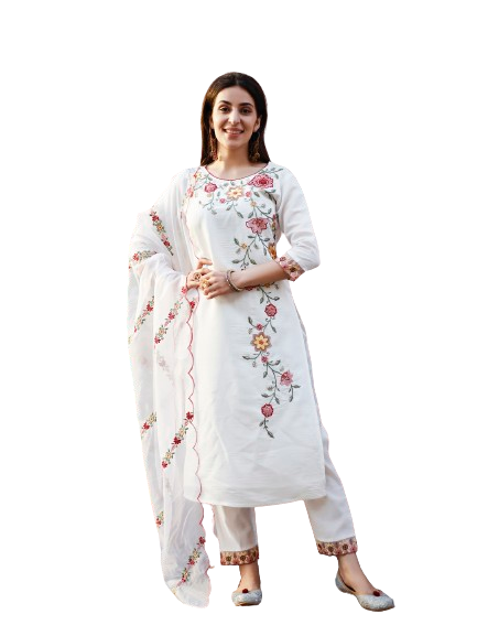 Floral Embroidered Kurta With Pant & Premium Organza Embroidered Dupatta, Multicolor - Hiral Fashion