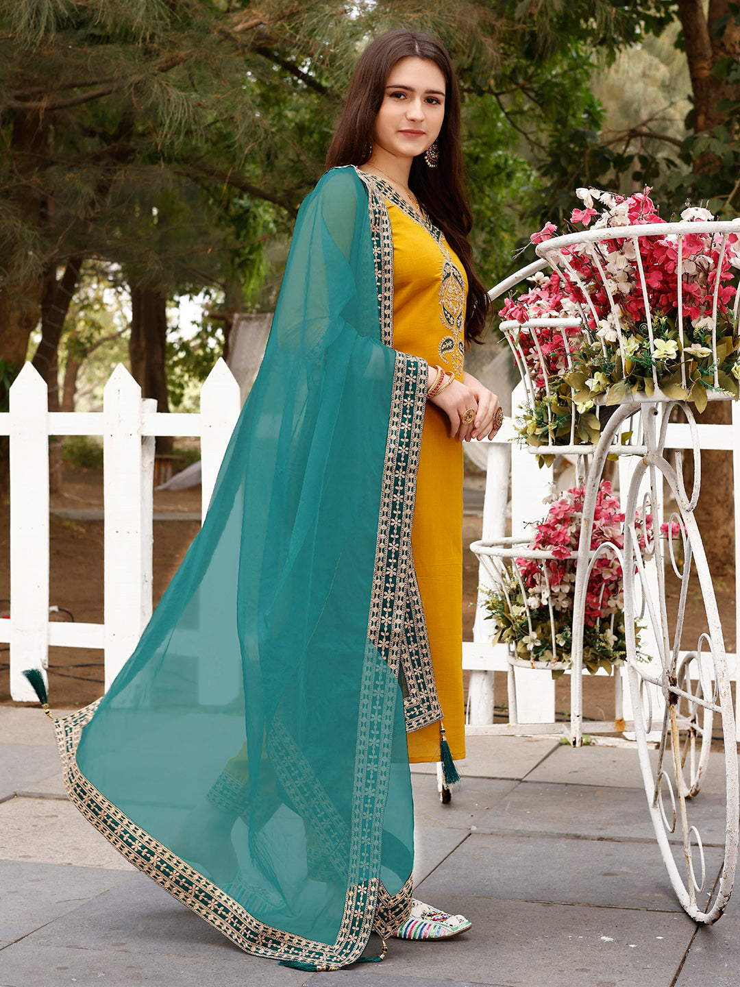 Embroidered Kurta With Pant & Border Premium Embroidered Dupatta, Multicolor - Hiral Fashion