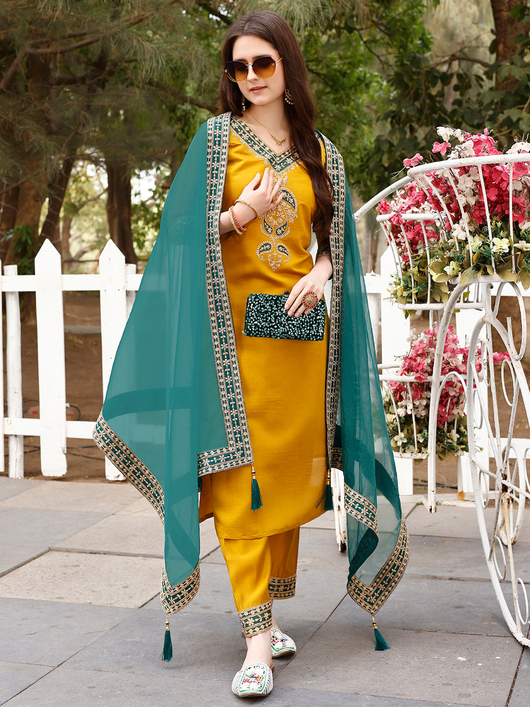 Embroidered Kurta With Pant & Border Premium Embroidered Dupatta, Multicolor - Hiral Fashion