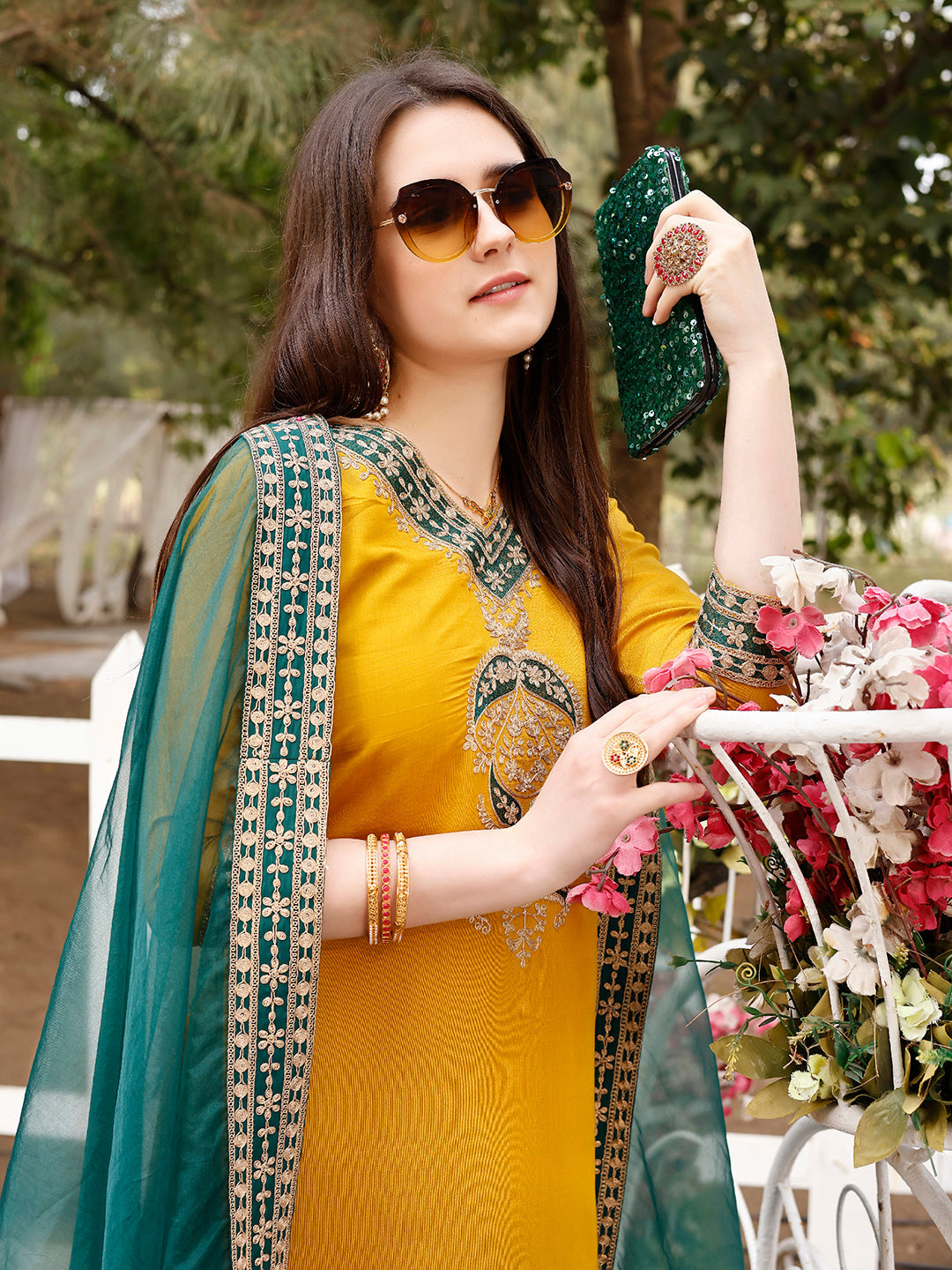 Embroidered Kurta With Pant & Border Premium Embroidered Dupatta, Multicolor - Hiral Fashion