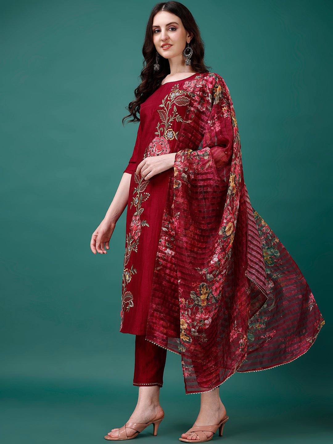 Hand Embroidered Kurta With Pant & Printed Premium Organza Dupatta Luxury, Multicolor - Hiral Fashion