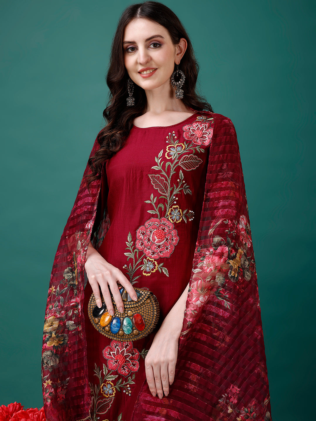 Hand Embroidered Kurta With Pant & Printed Premium Organza Dupatta Luxury, Multicolor - Hiral Fashion