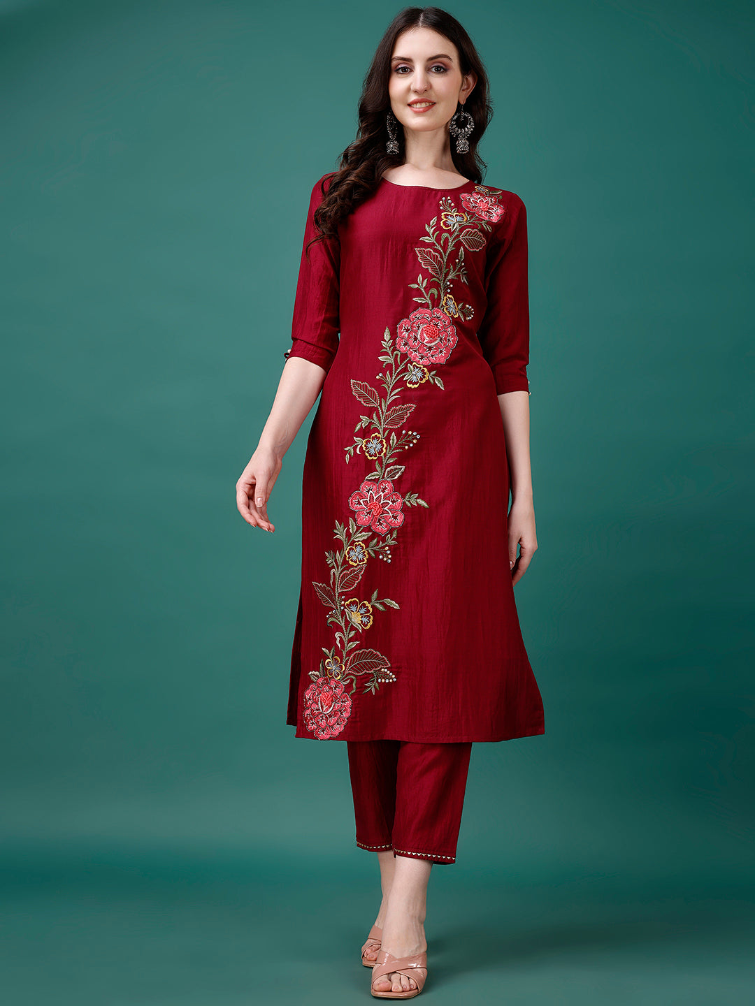 Hand Embroidered Kurta With Pant & Printed Premium Organza Dupatta Luxury, Multicolor - Hiral Fashion