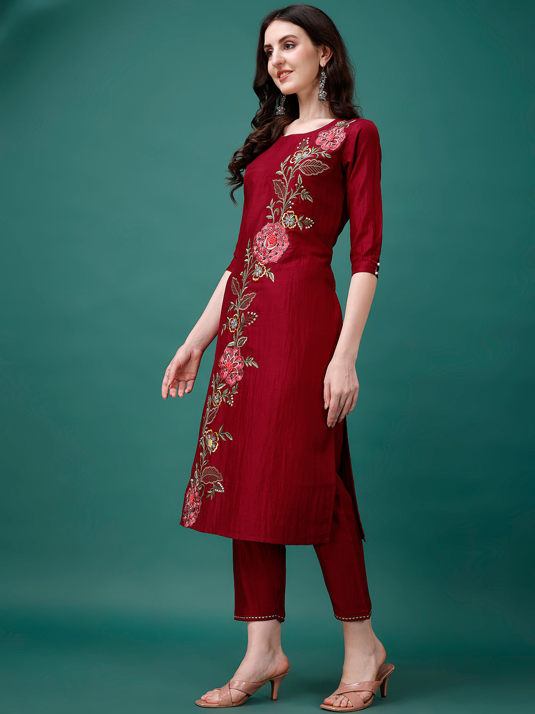 Hand Embroidered Kurta With Pant & Printed Premium Organza Dupatta Luxury, Multicolor - Hiral Fashion