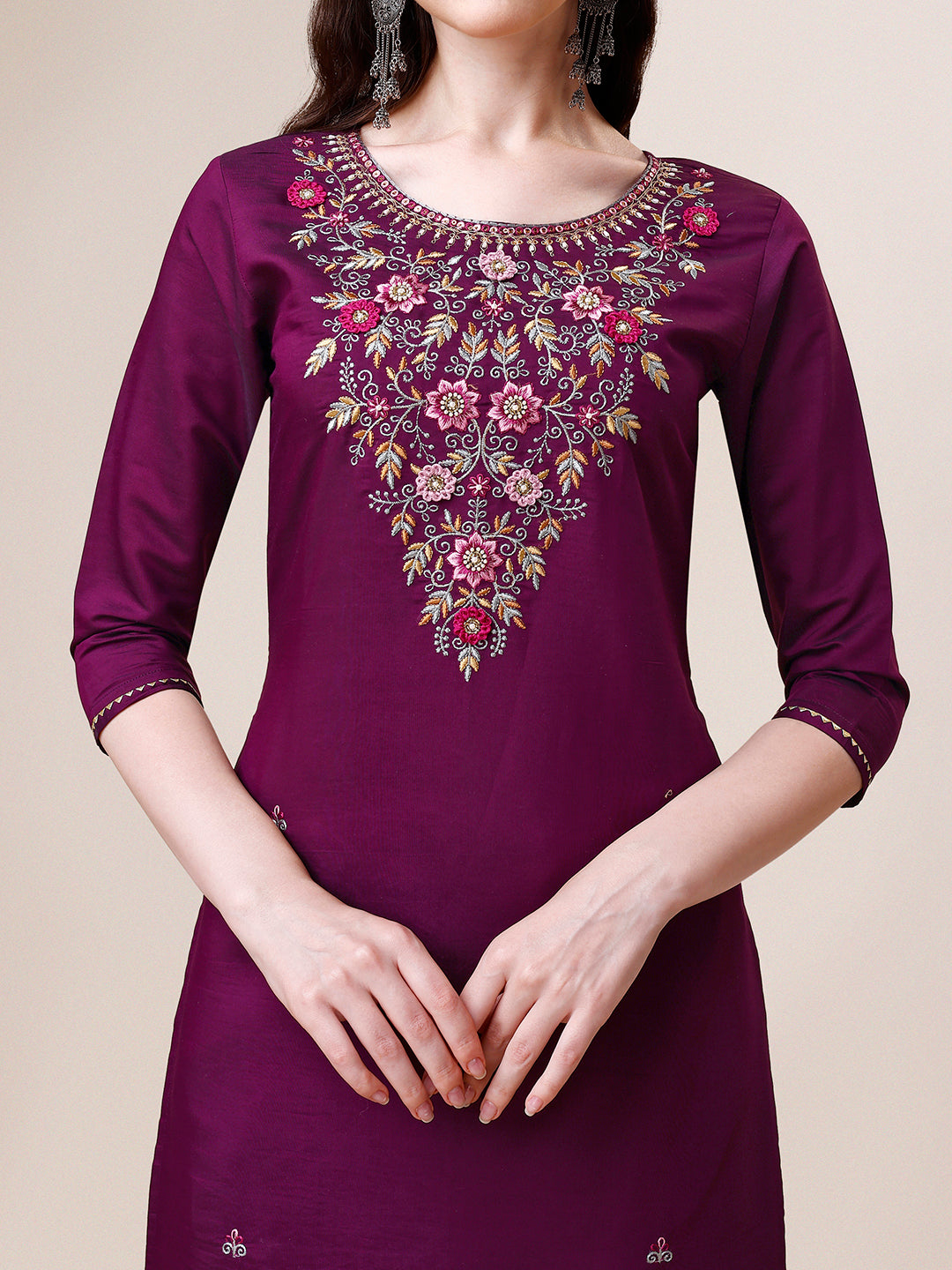 Purple Hand Embroidered Kurta With Pant & Printed Dupatta Set, Multicolor - Hiral Fashion