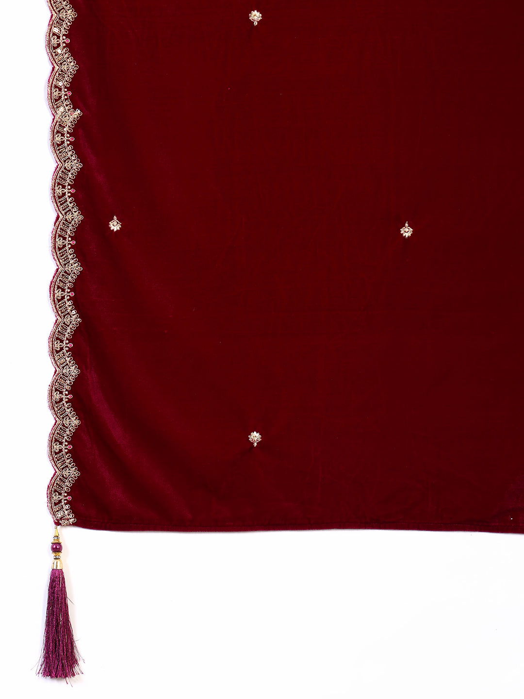 Embroidered Velvet Kurta With Pant & Dupatta, Maroon - Hiral Fashion