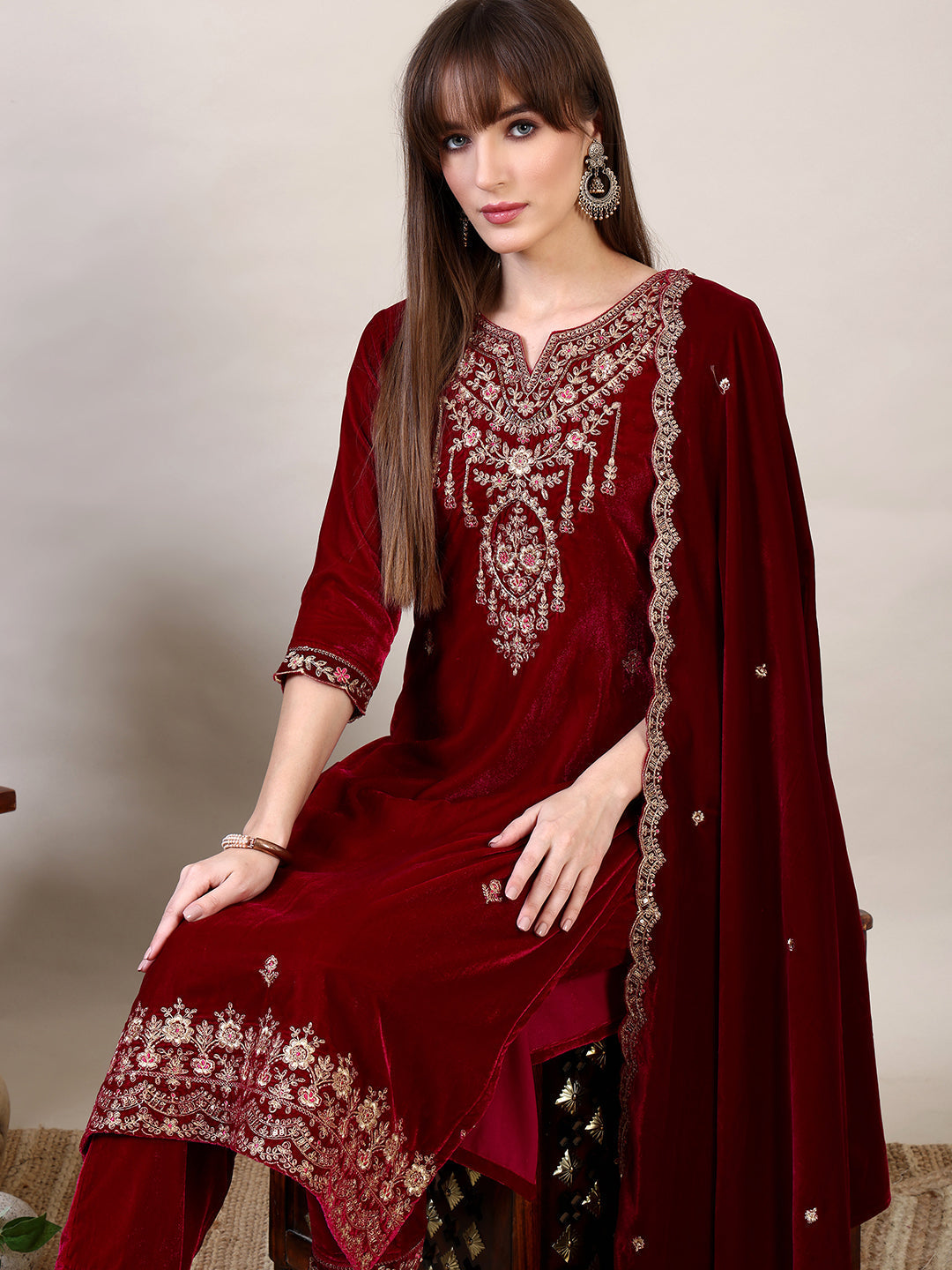 Embroidered Velvet Kurta With Pant & Dupatta, Maroon - Hiral Fashion