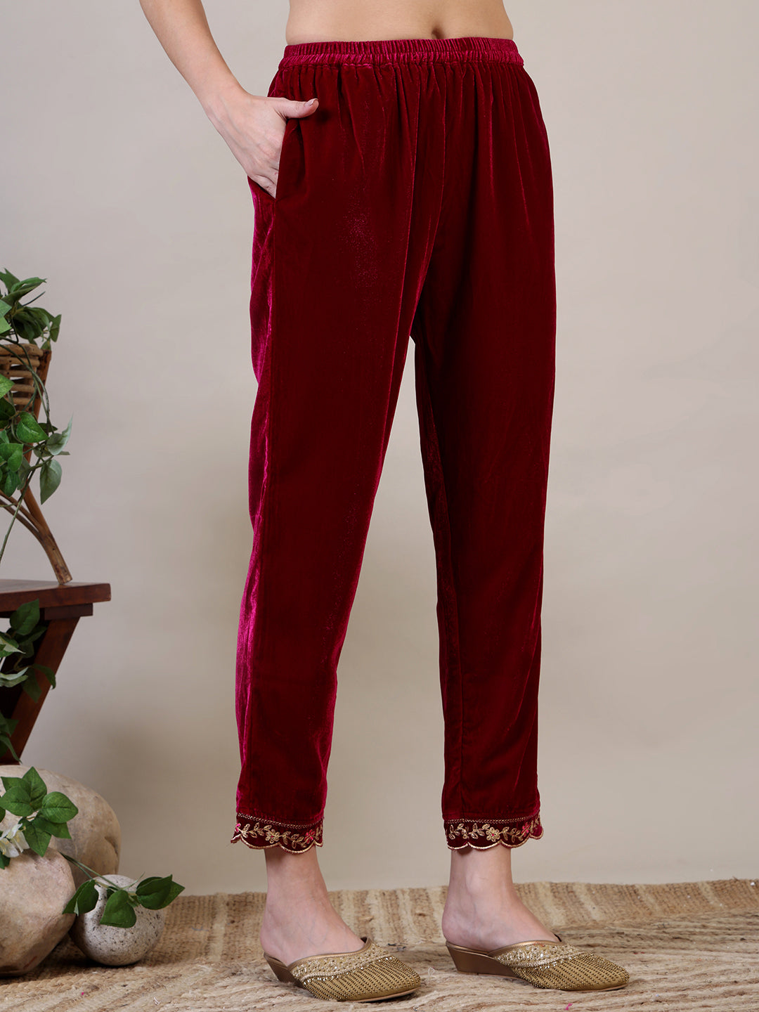 Embroidered Velvet Kurta With Pant & Dupatta, Maroon - Hiral Fashion
