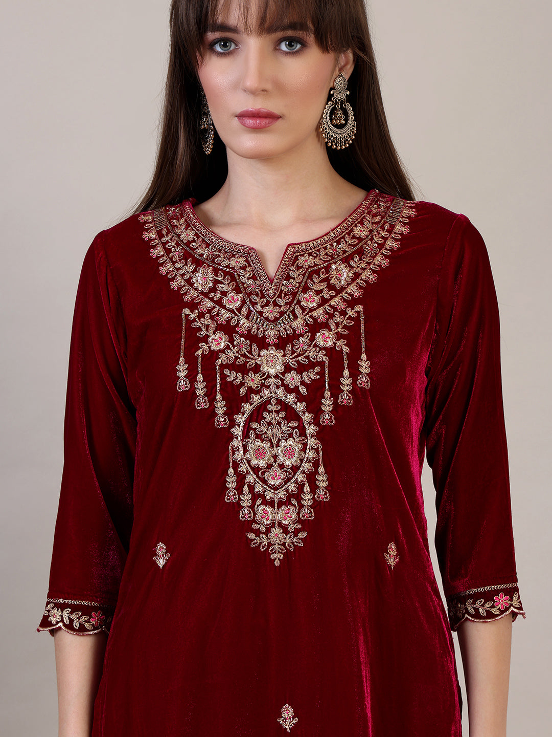 Embroidered Velvet Kurta With Pant & Dupatta, Maroon - Hiral Fashion
