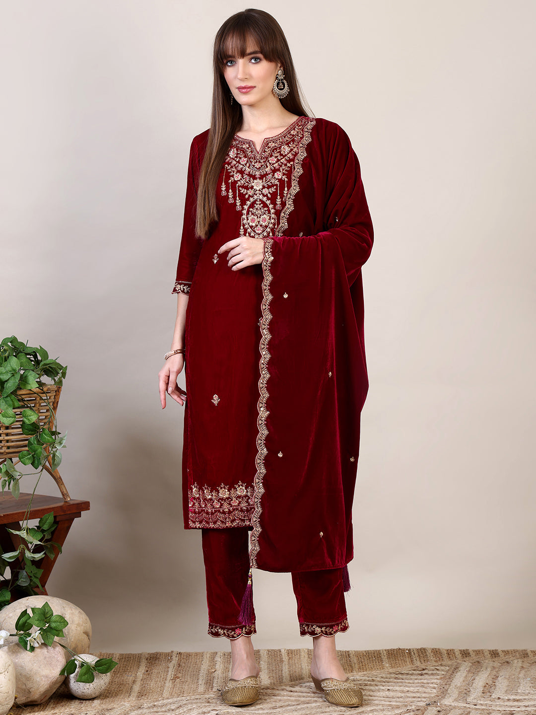 Embroidered Velvet Kurta With Pant & Dupatta, Maroon - Hiral Fashion