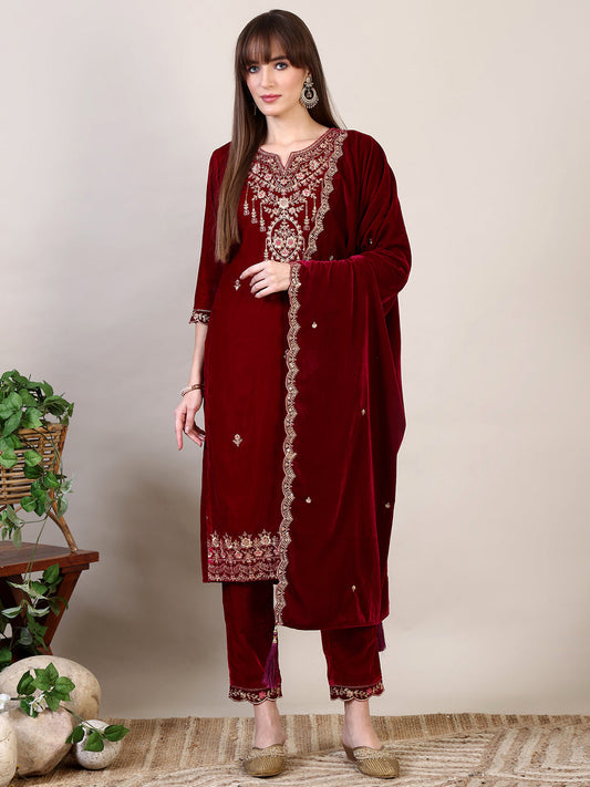 Embroidered Velvet Kurta With Pant & Dupatta, Maroon - Hiral Fashion