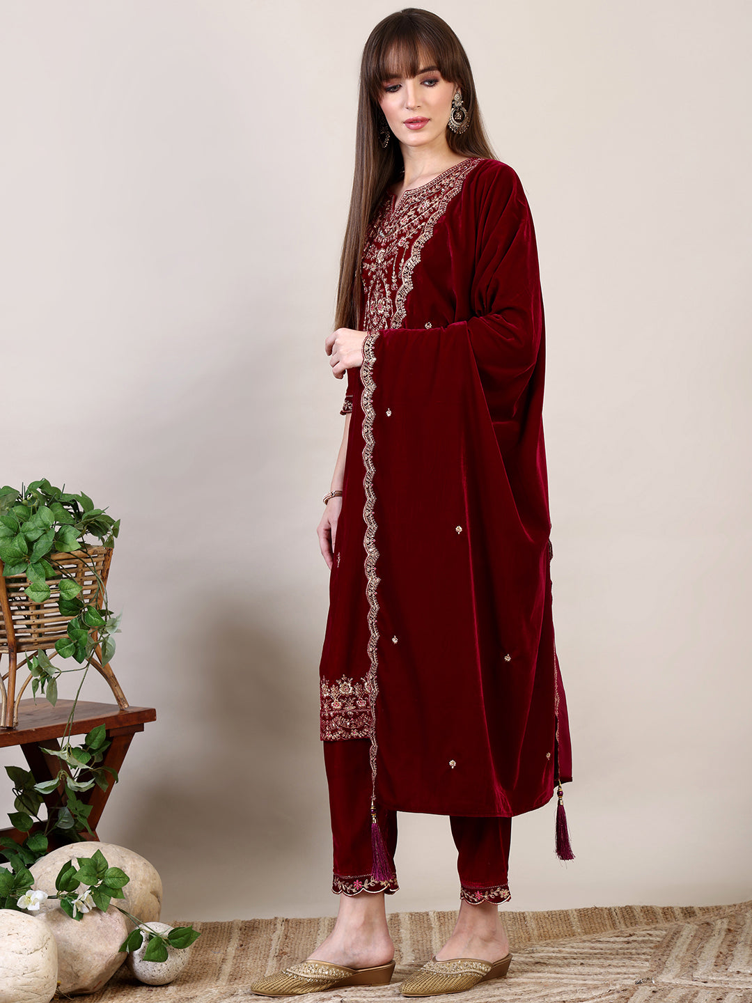 Embroidered Velvet Kurta With Pant & Dupatta, Maroon - Hiral Fashion