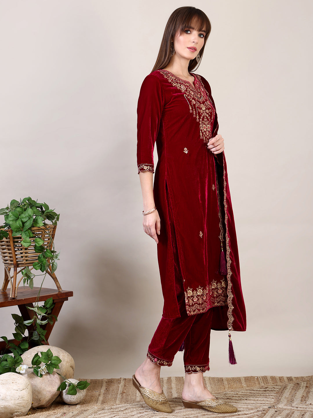 Embroidered Velvet Kurta With Pant & Dupatta, Maroon - Hiral Fashion