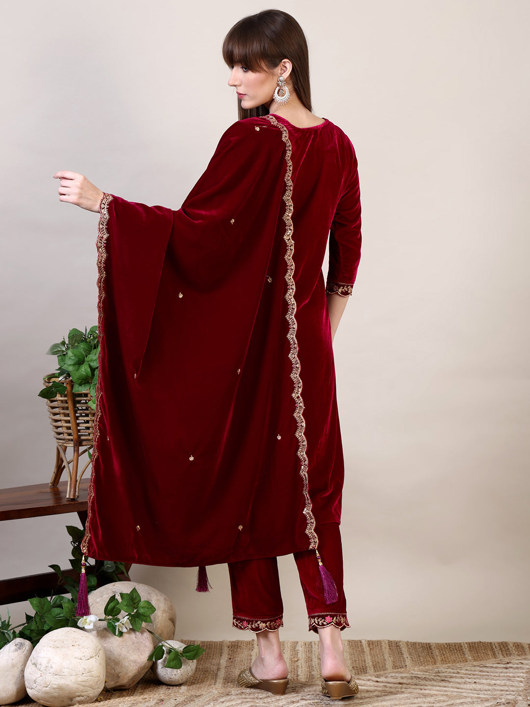 Embroidered Velvet Kurta With Pant & Dupatta, Maroon - Hiral Fashion