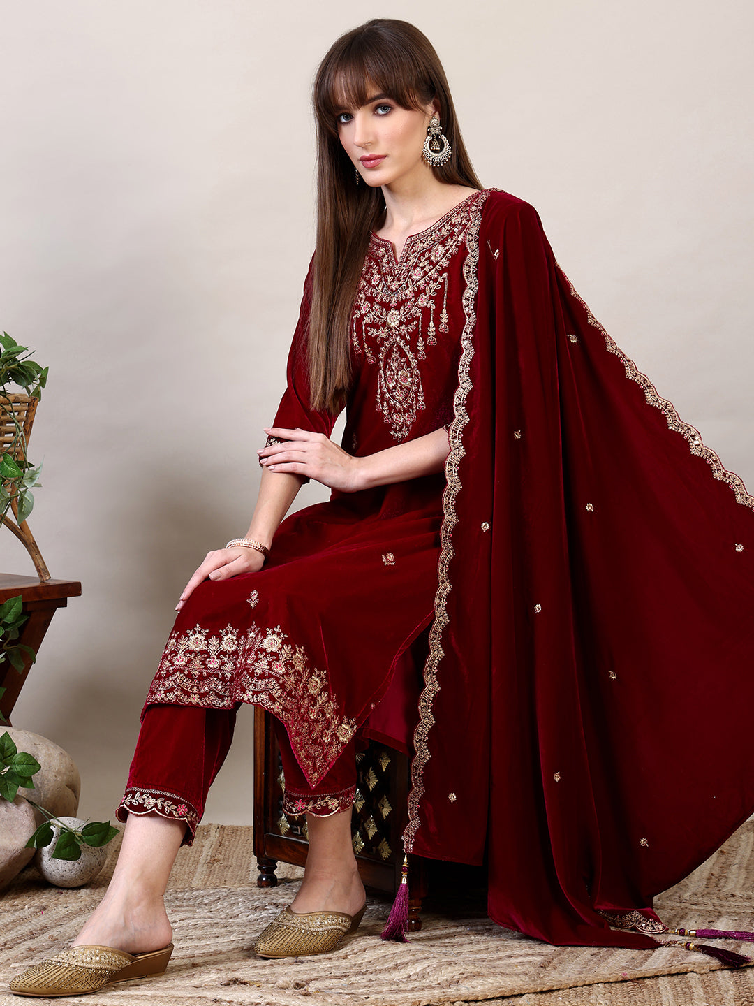 Embroidered Velvet Kurta With Pant & Dupatta, Maroon - Hiral Fashion