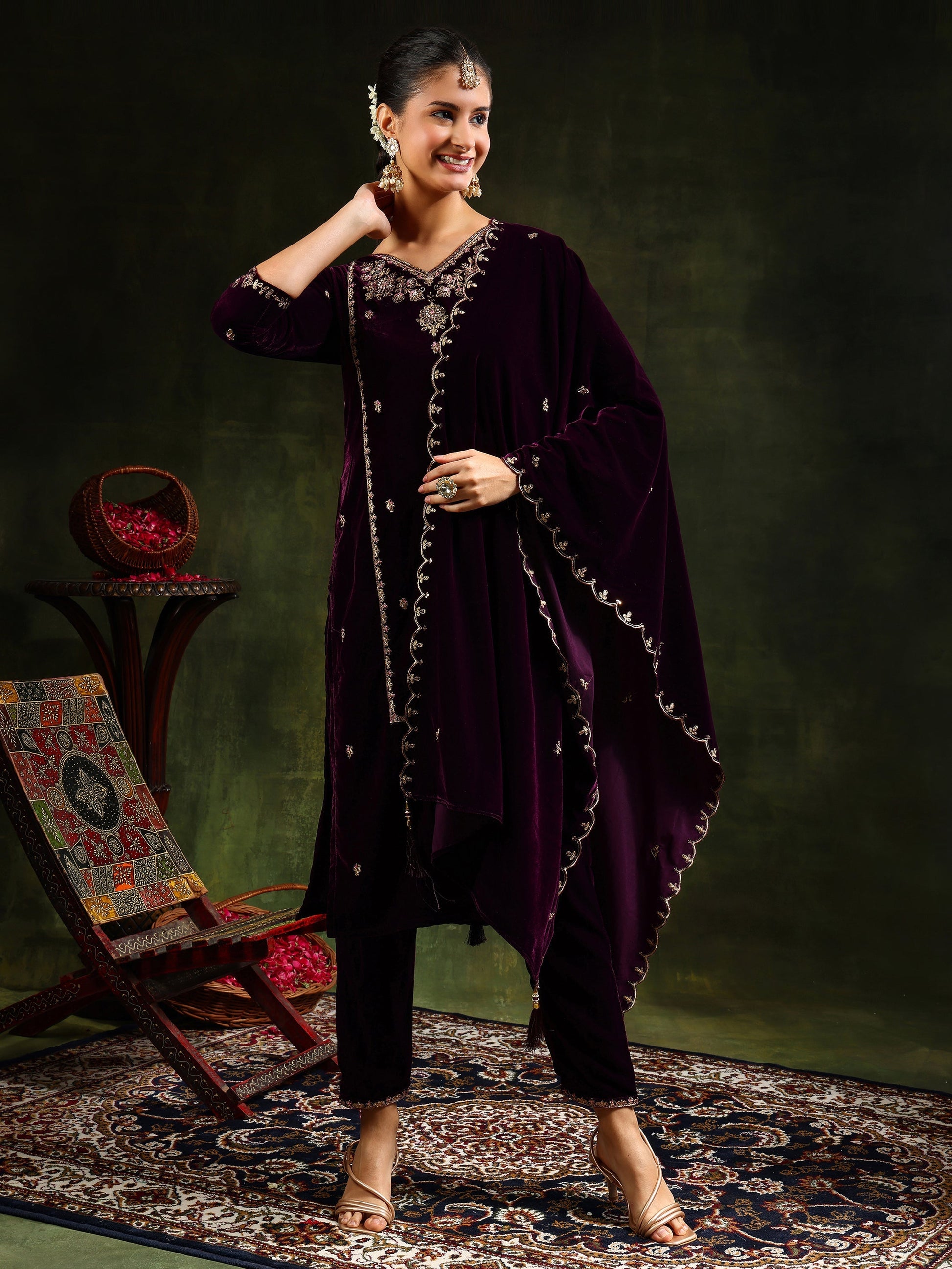 Hand & Machine Embroidered Velvet Kurta With Pant & Dupatta, Wine - Hiral Fashion