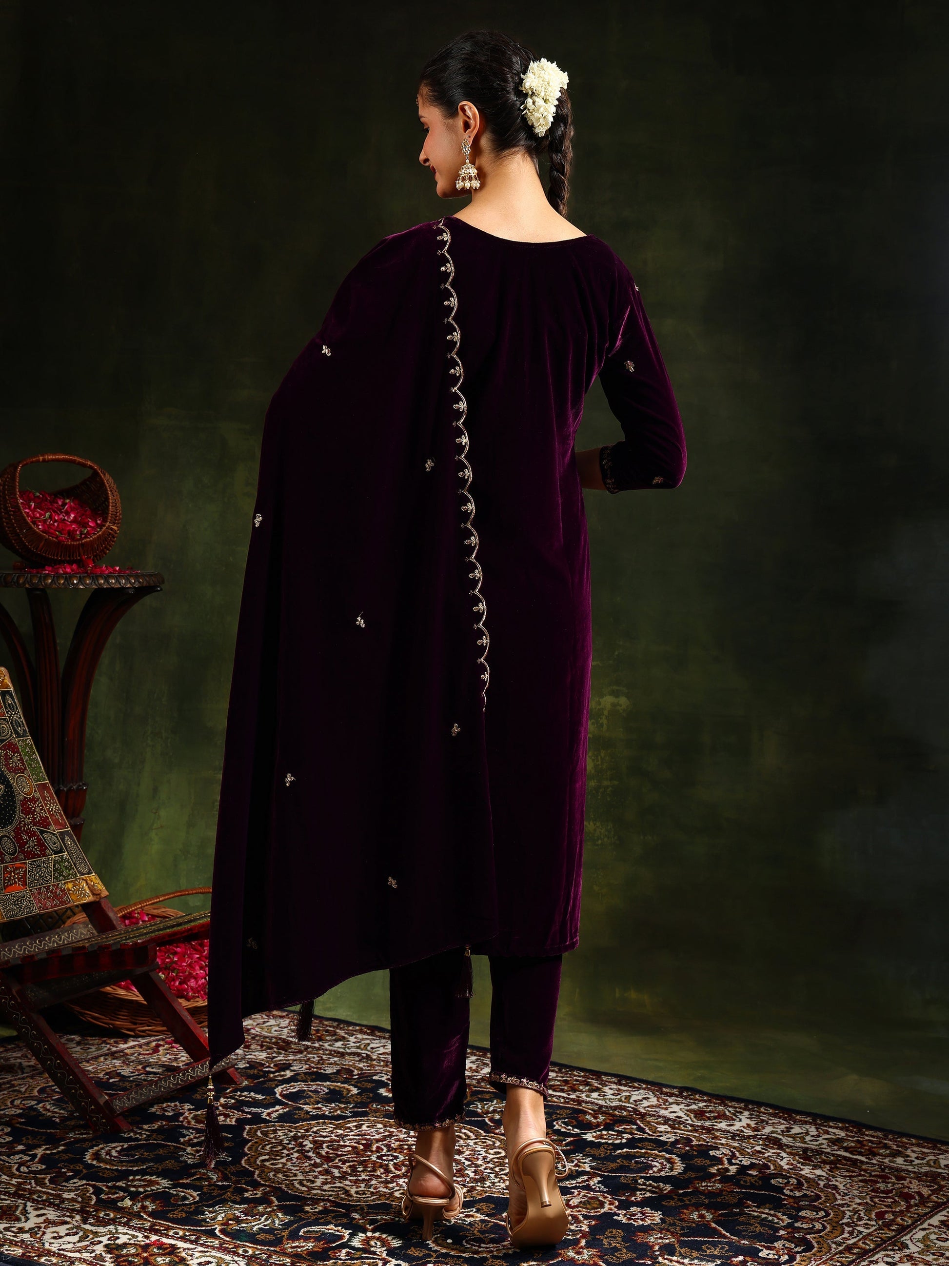Hand & Machine Embroidered Velvet Kurta With Pant & Dupatta, Wine - Hiral Fashion