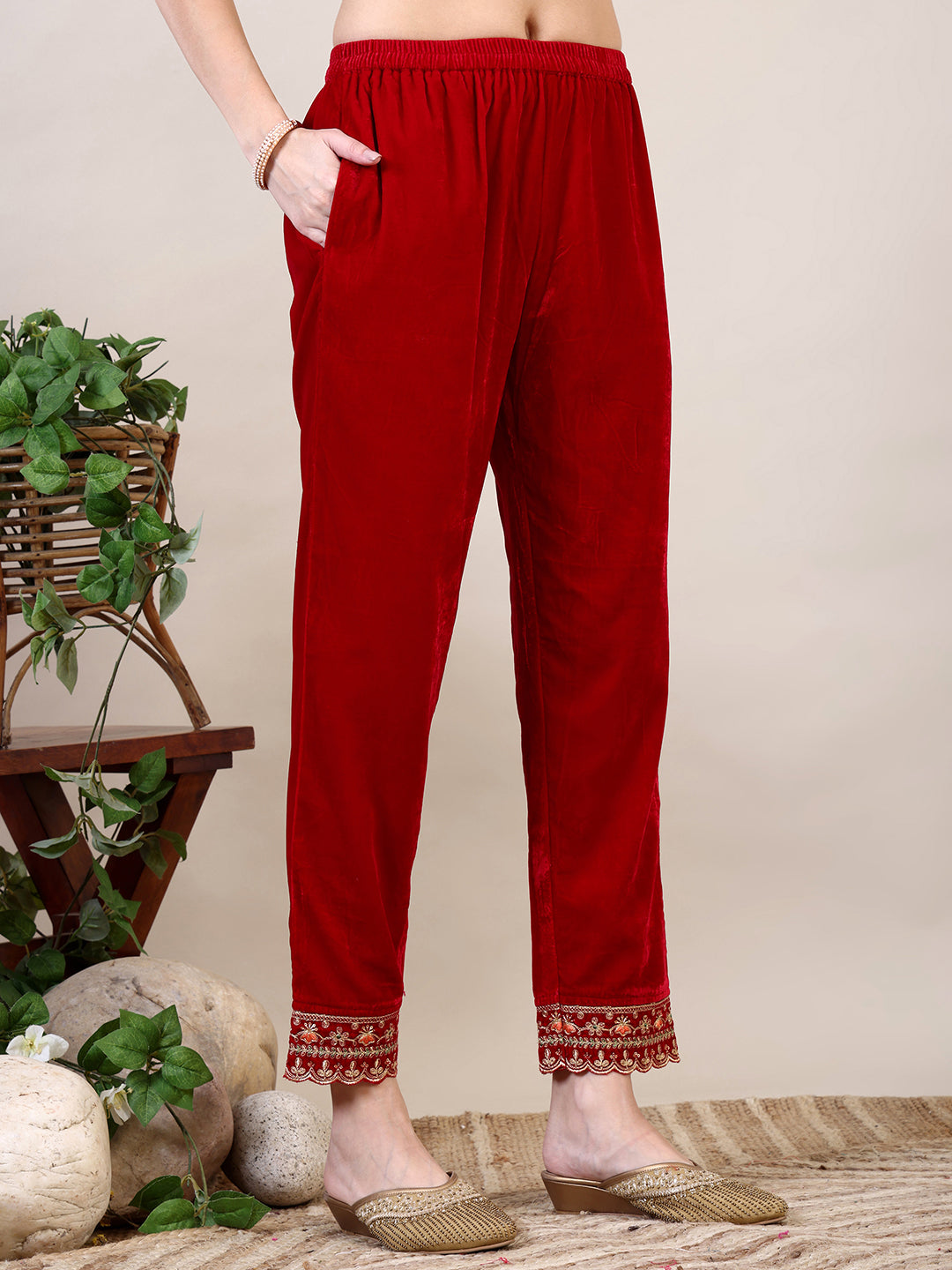Embroidered Velvet Kurta With Pant & Dupatta, Pink - Hiral Fashion