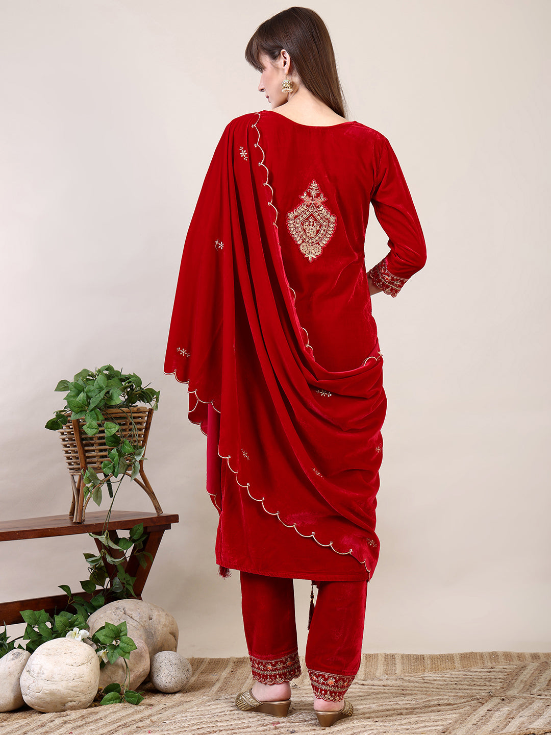 Embroidered Velvet Kurta With Pant & Dupatta, Pink - Hiral Fashion
