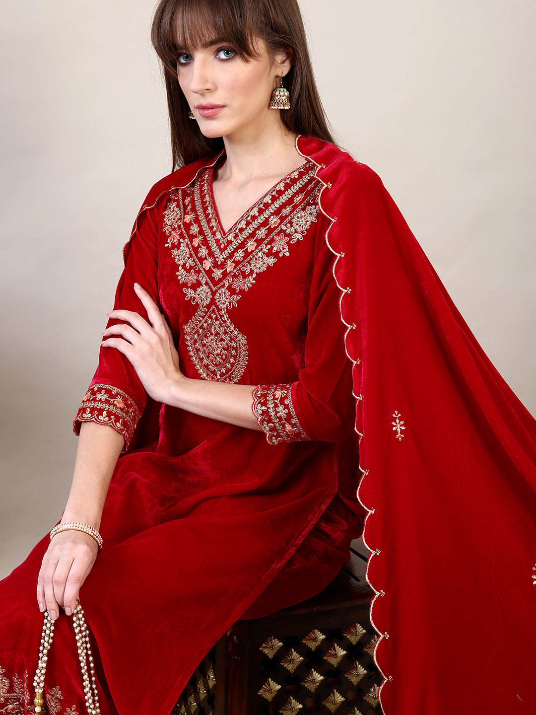 Embroidered Velvet Kurta With Pant & Dupatta, Pink - Hiral Fashion