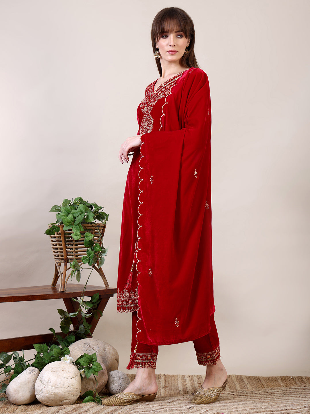 Embroidered Velvet Kurta With Pant & Dupatta, Pink - Hiral Fashion