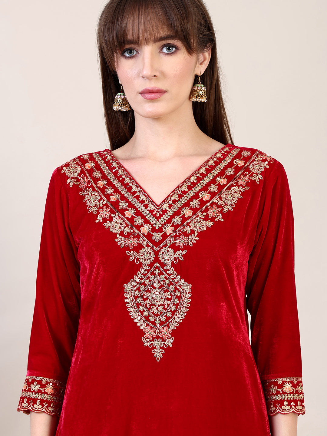 Embroidered Velvet Kurta With Pant & Dupatta, Pink - Hiral Fashion