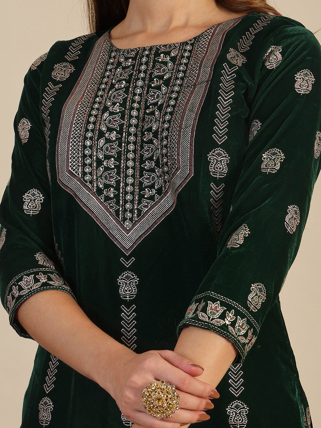Hand & Foil Printed Velvet Kurta With Pant & Dupatta, Bottle-Green - Hiral Fashion